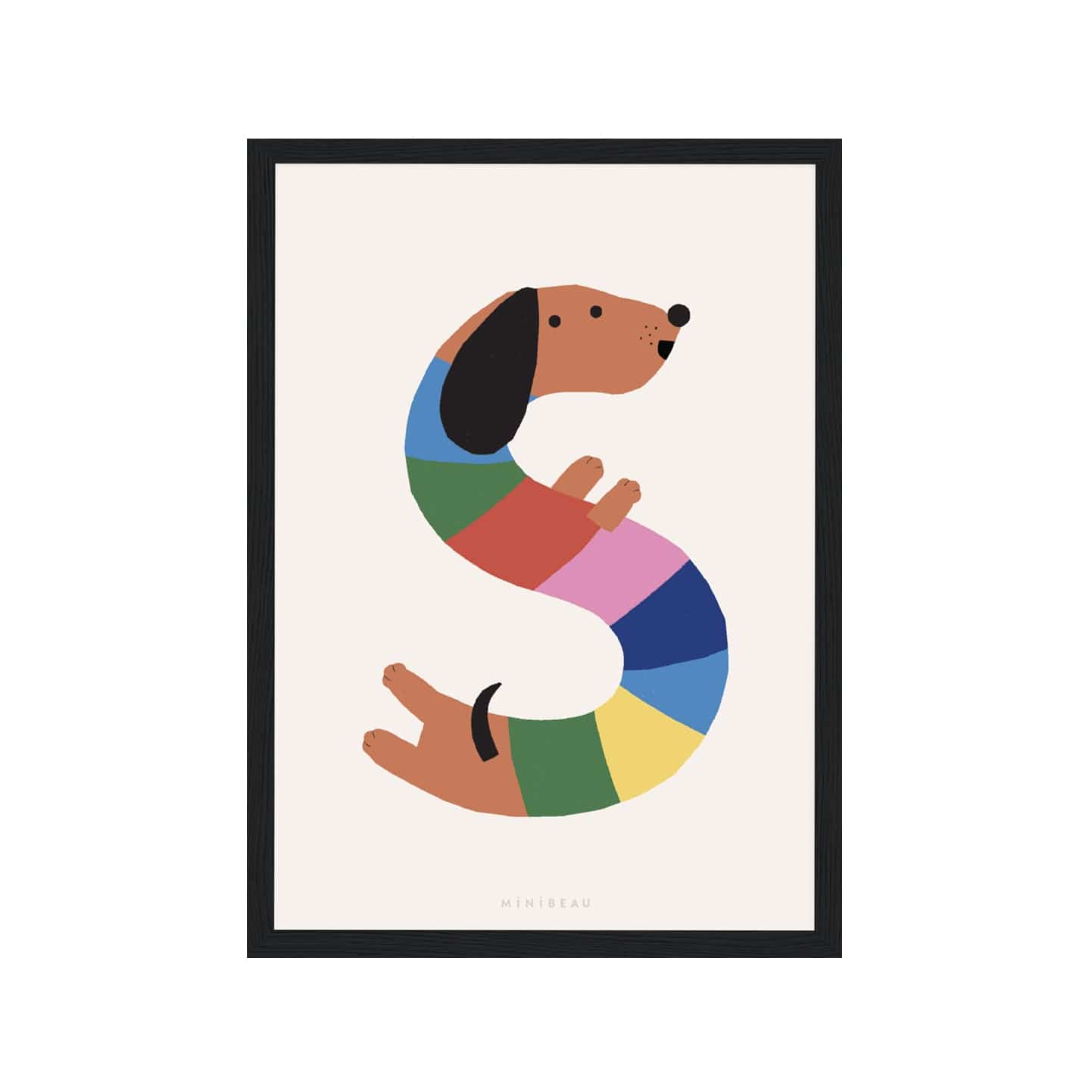 Art print in a black frame. Our Happy Alphabet 'S' Art Print shows a rainbow-striped sausage dog forming the shape of an S on a neutral background.