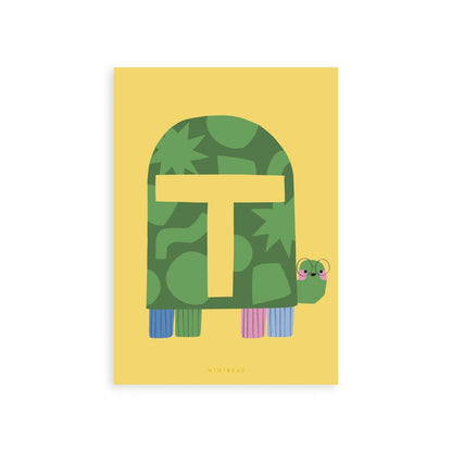 Our Happy Alphabet 'T' Art Print shows a tortoise looking back smiling, wearing wire framed glasses, with a large yellow T on it's shell. Each leg is a different colour, blue, green, pink and lilac, all on a yellow background.