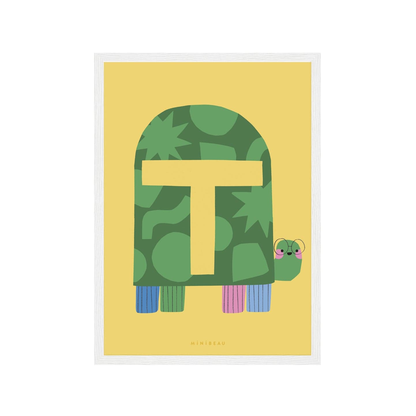 Art print in a white frame. Our Happy Alphabet 'T' Art Print shows a tortoise looking back smiling, wearing wire framed glasses, with a large yellow T on it's shell. Each leg is a different colour, blue, green, pink and lilac, all on a yellow background.