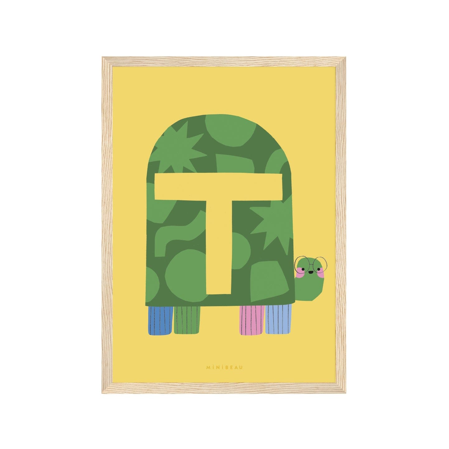 Art print in a light wood frame. Our Happy Alphabet 'T' Art Print shows a tortoise looking back smiling, wearing wire framed glasses, with a large yellow T on it's shell. Each leg is a different colour, blue, green, pink and lilac, all on a yellow background.