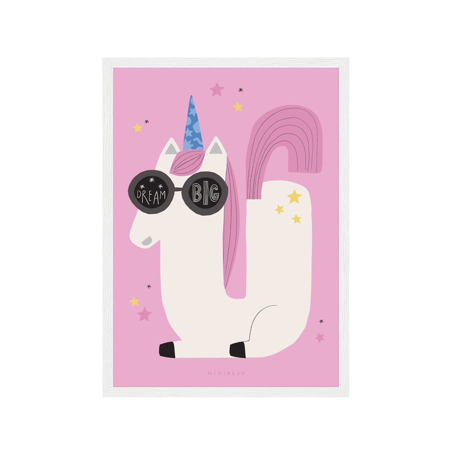 Art print in a white frame. Our Happy Alphabet 'U' Art Print shows a cool, sunglasses-wearing white unicorn, laying in the shape of a U with a pink tail and blue horn with yellow stars on its back. The words DREAM BIG are in the lenses of the sunglasses. All on a pink background.