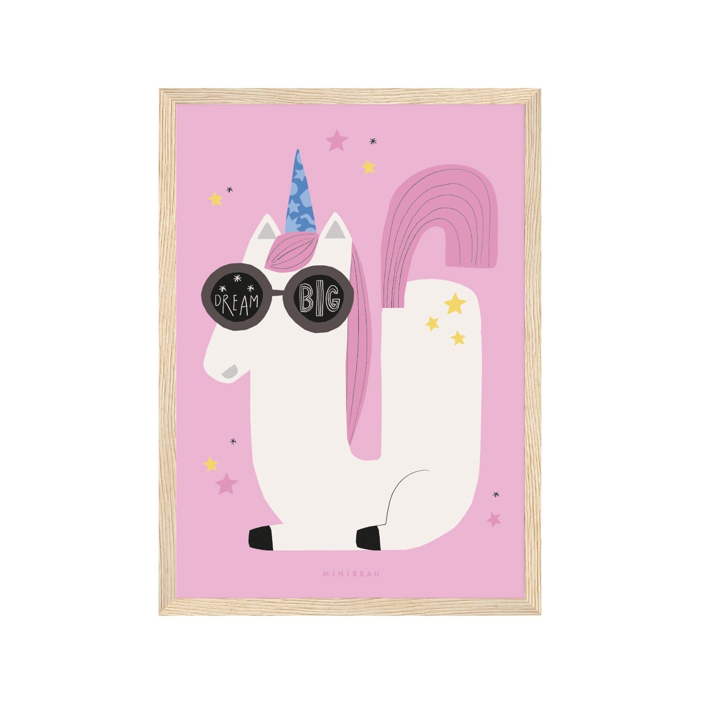 Art print in a light wood frame. Our Happy Alphabet 'U' Art Print shows a cool, sunglasses-wearing white unicorn, laying in the shape of a U with a pink tail and blue horn with yellow stars on its back. The words DREAM BIG are in the lenses of the sunglasses. All on a pink background.