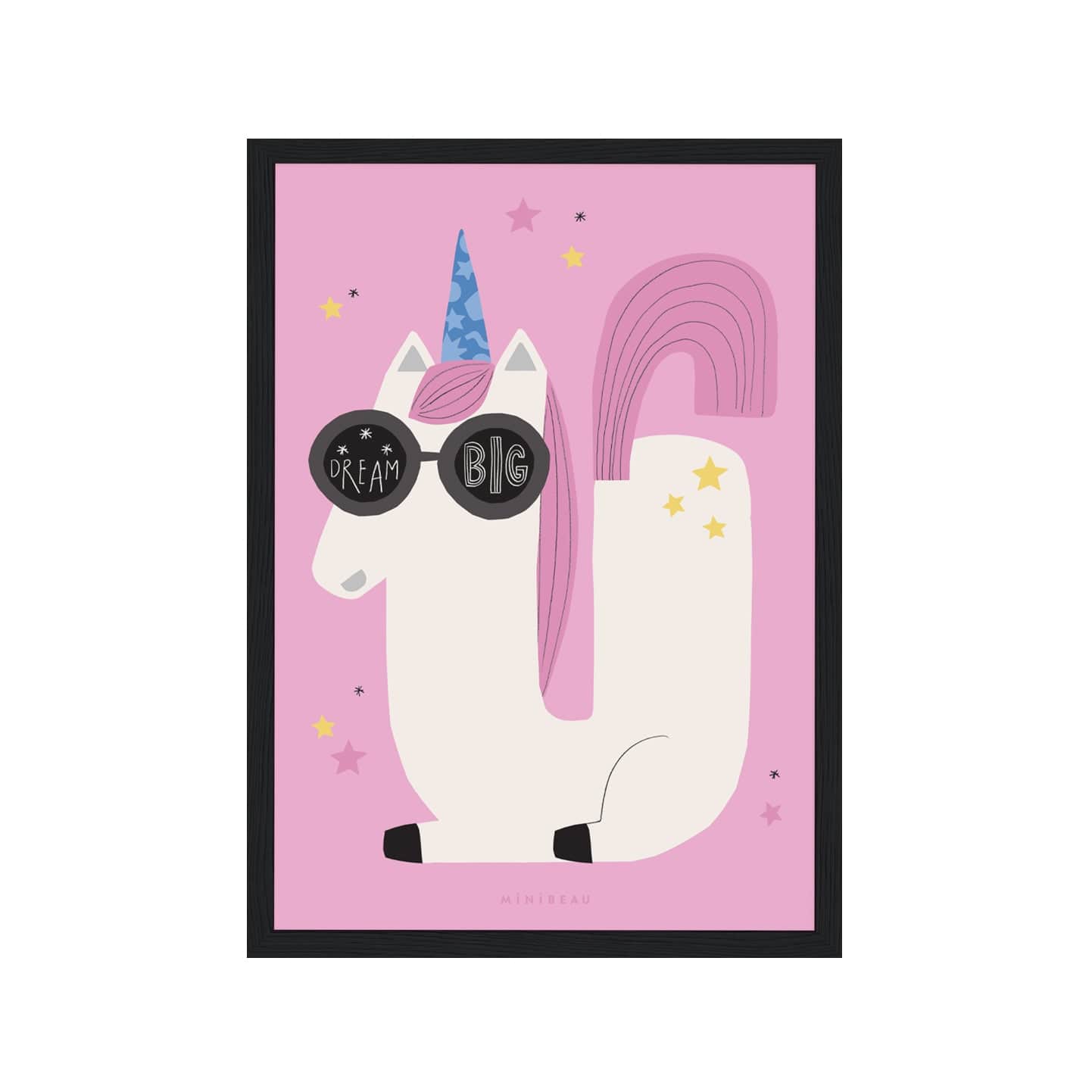 Art print in a black frame. Our Happy Alphabet 'U' Art Print shows a cool, sunglasses-wearing white unicorn, laying in the shape of a U with a pink tail and blue horn with yellow stars on its back. The words DREAM BIG are in the lenses of the sunglasses. All on a pink background.