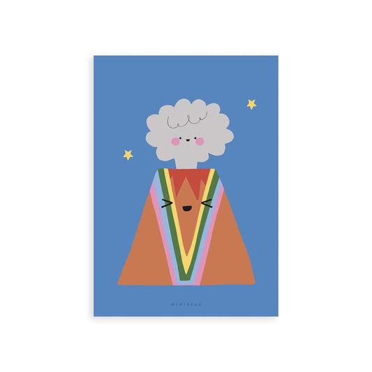 Our Happy Alphabet 'V' Art Print shows an erupting volcanow with a smiling plume of smoke and the lava in rainbow colours running down the volcano, forming a V on a blue background with stars.