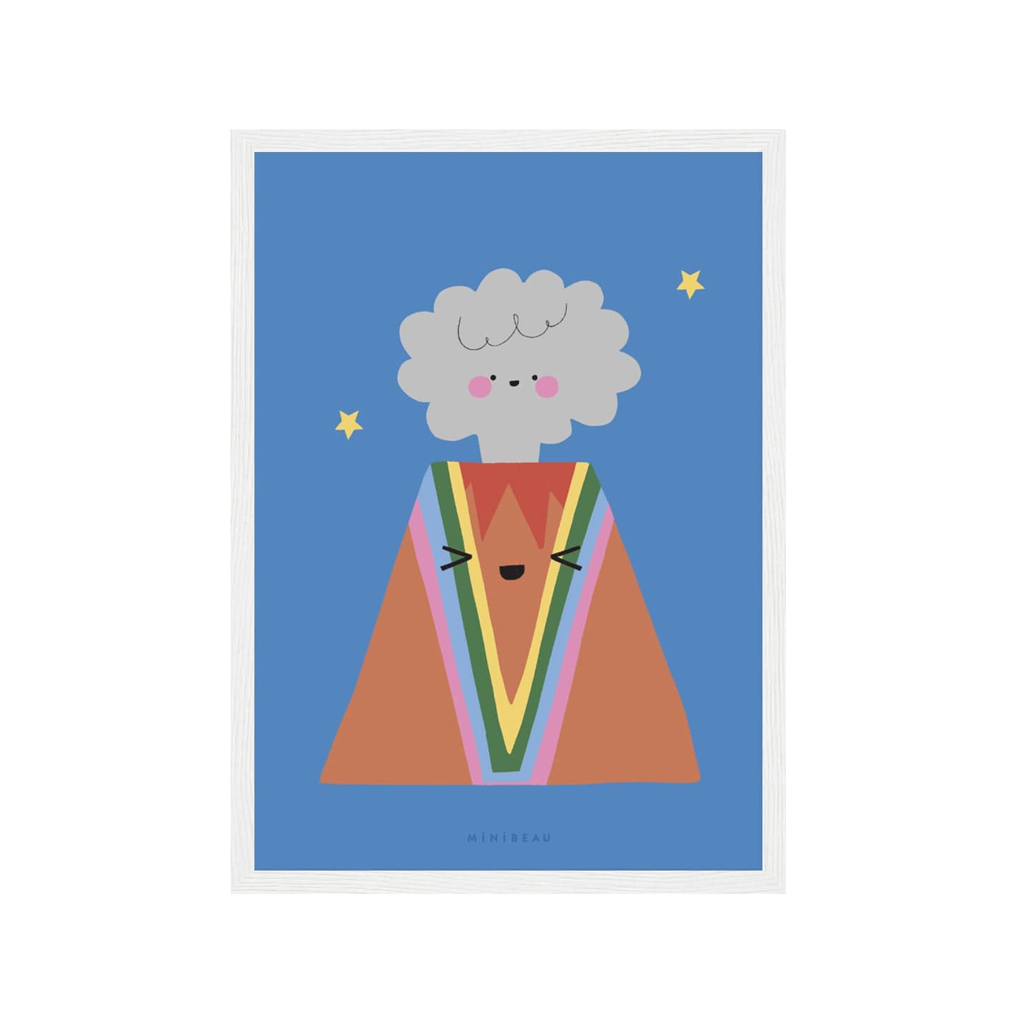 Art print in a white frame. Our Happy Alphabet 'V' Art Print shows an erupting volcanow with a smiling plume of smoke and the lava in rainbow colours running down the volcano, forming a V on a blue background with stars.