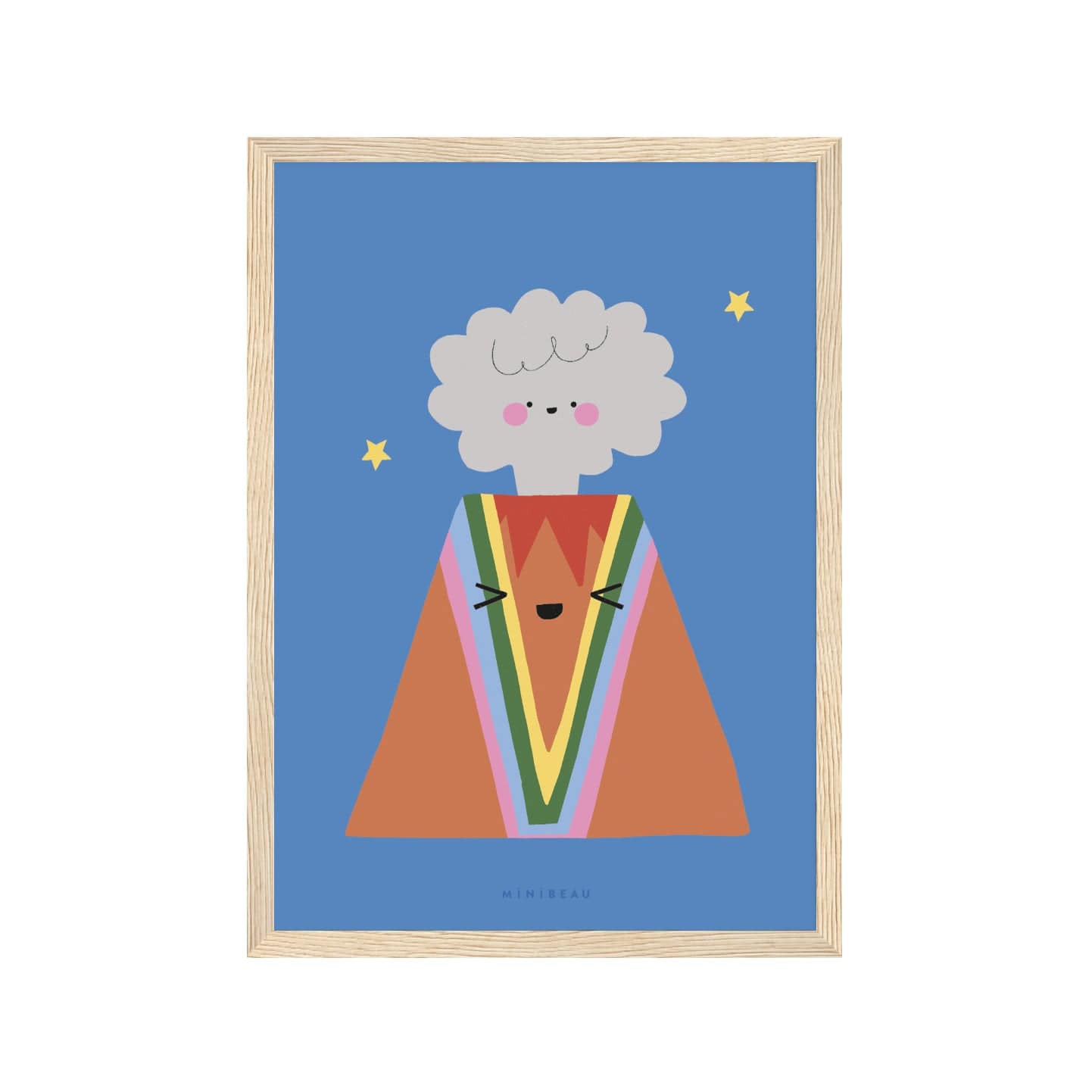 Art print in a light wood frame. Our Happy Alphabet 'V' Art Print shows an erupting volcanow with a smiling plume of smoke and the lava in rainbow colours running down the volcano, forming a V on a blue background with stars.