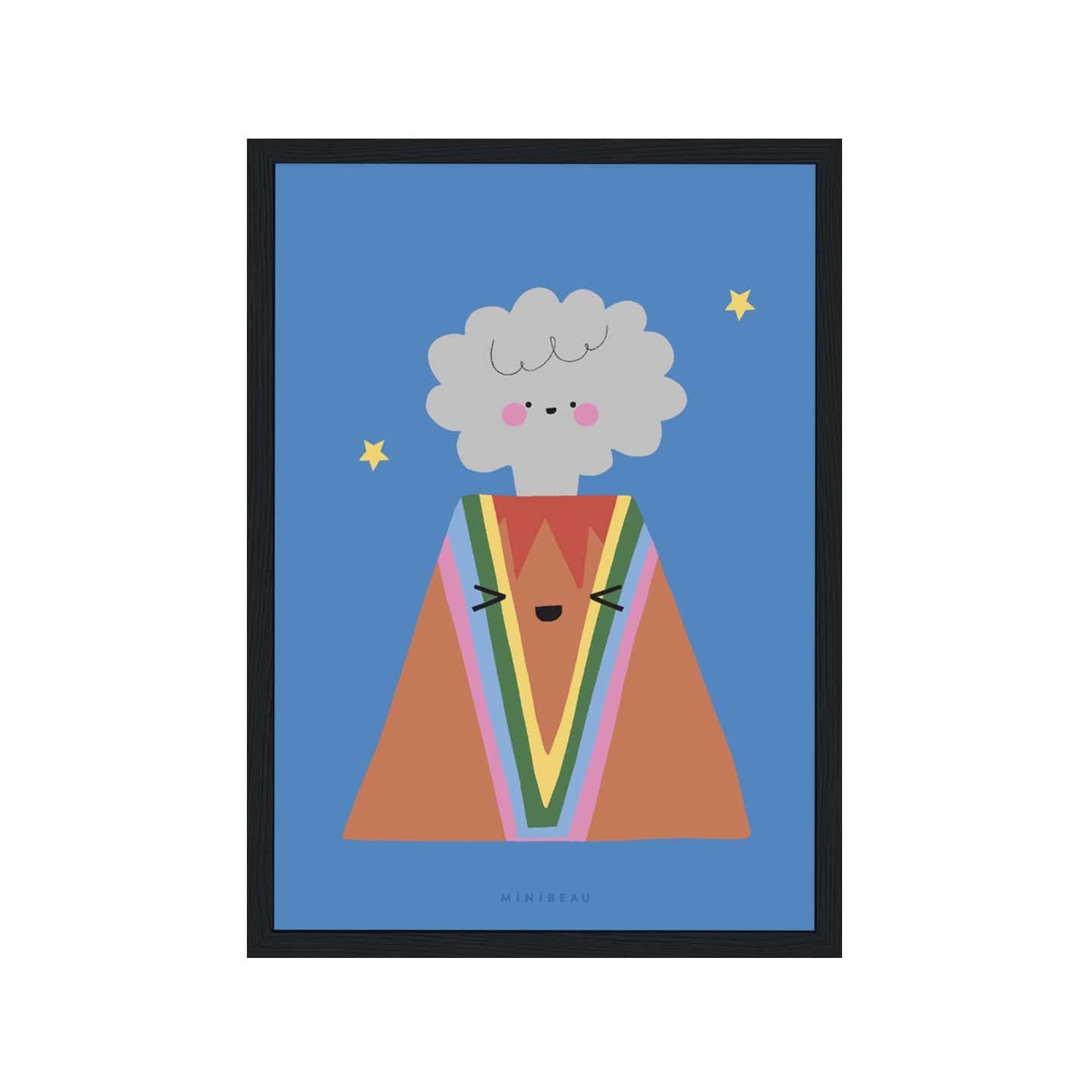 Art print in black frame. Our Happy Alphabet 'V' Art Print shows an erupting volcanow with a smiling plume of smoke and the lava in rainbow colours running down the volcano, forming a V on a blue background with stars.