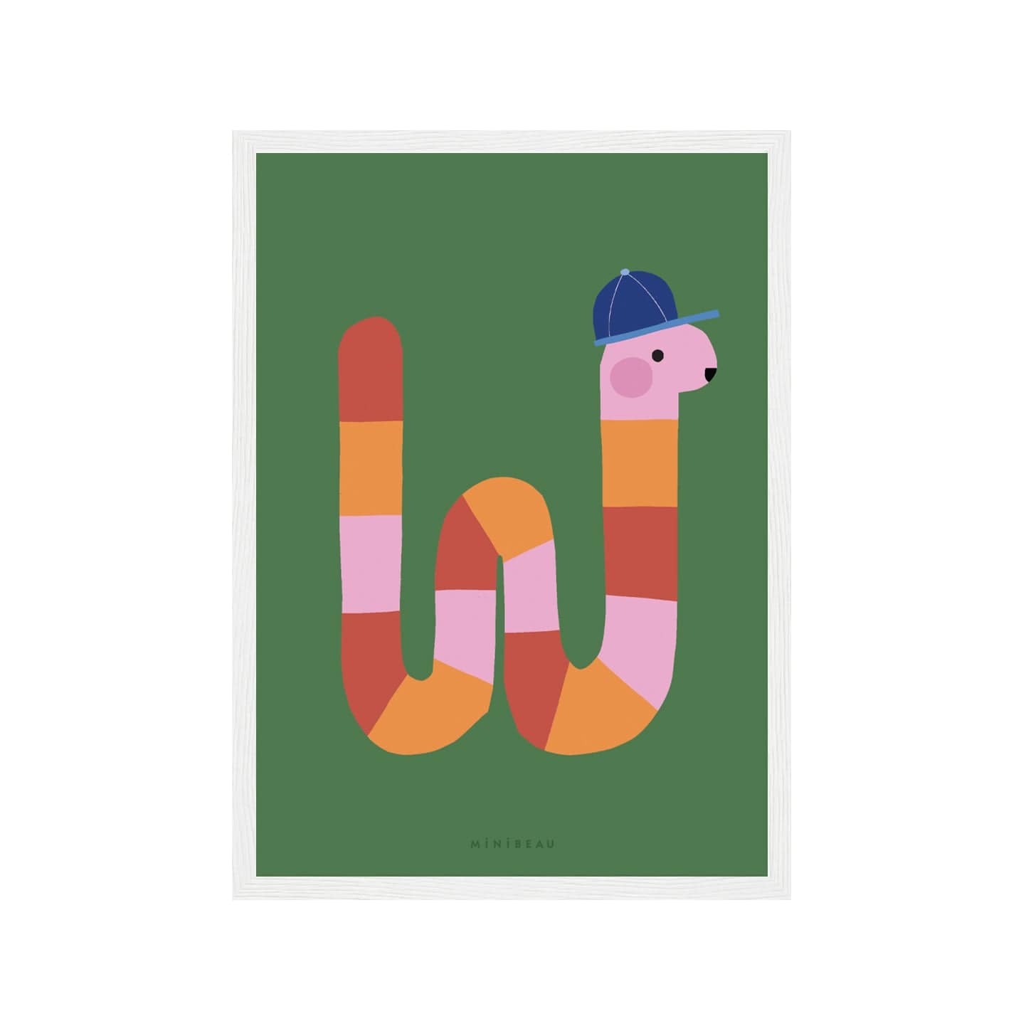 Art print in a white frame. Our Happy Alphabet 'W' Art Print shows a pink, red and orange wriggly worm in the shape of a W. The worm is wearing a blue baseball cap and is on a green background.