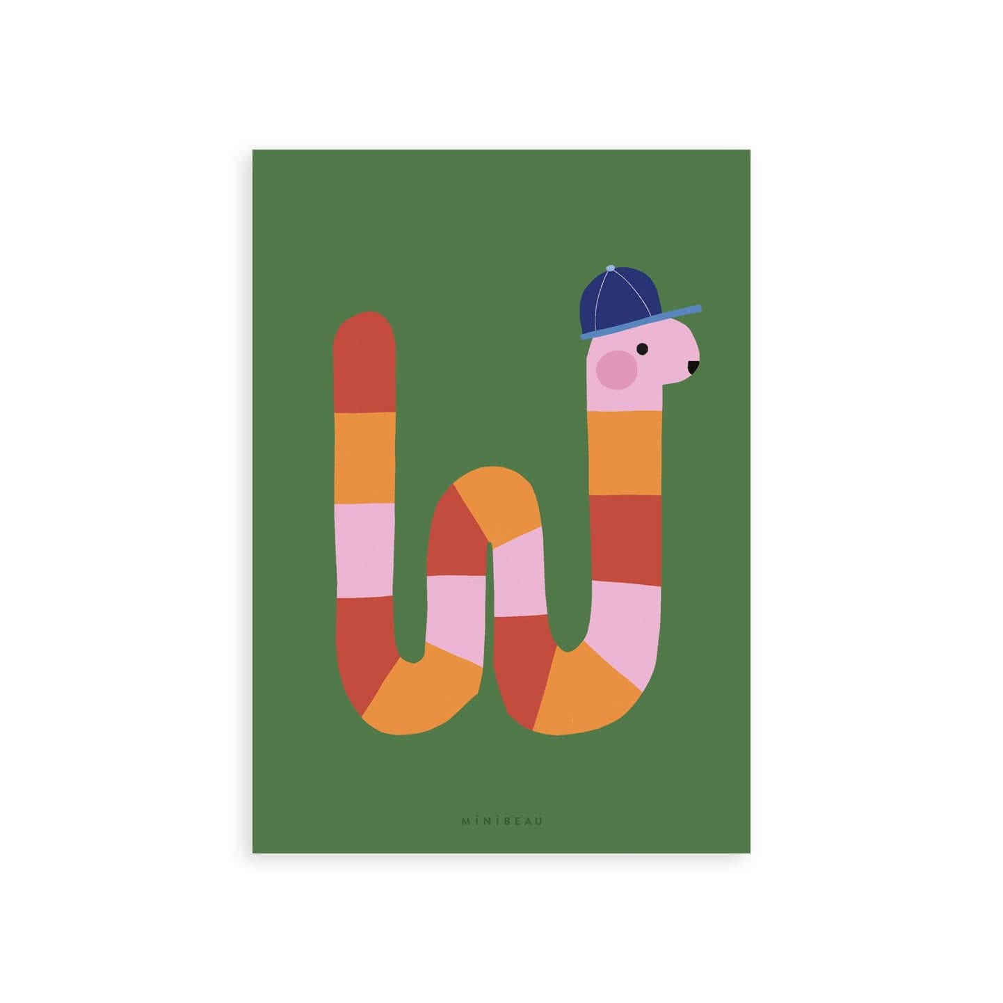 Our Happy Alphabet 'W' Art Print shows a pink, red and orange wriggly worm in the shape of a W. The worm is wearing a blue baseball cap and is on a green background.