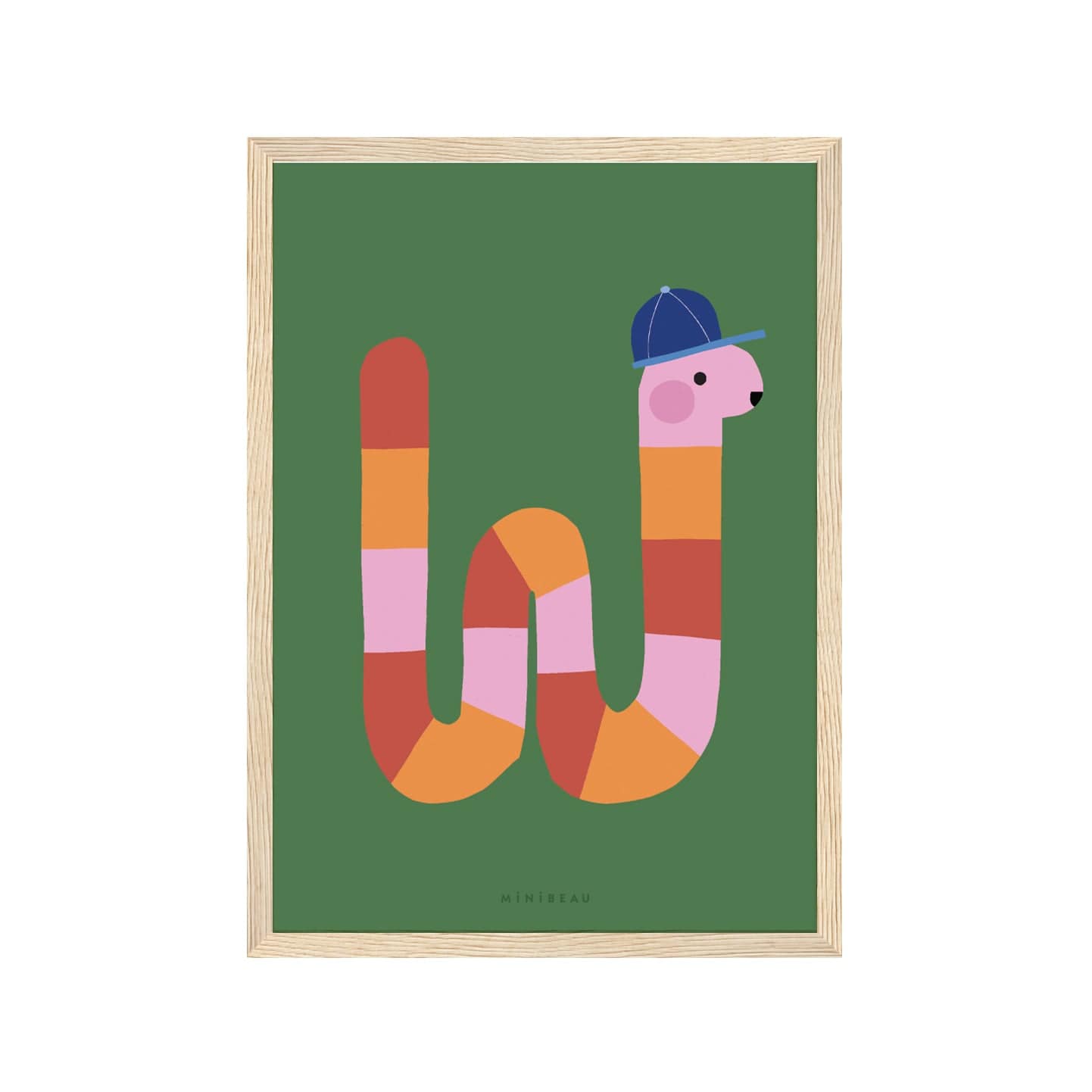 Art print in a light wood frame. Our Happy Alphabet 'W' Art Print shows a pink, red and orange wriggly worm in the shape of a W. The worm is wearing a blue baseball cap and is on a green background.
