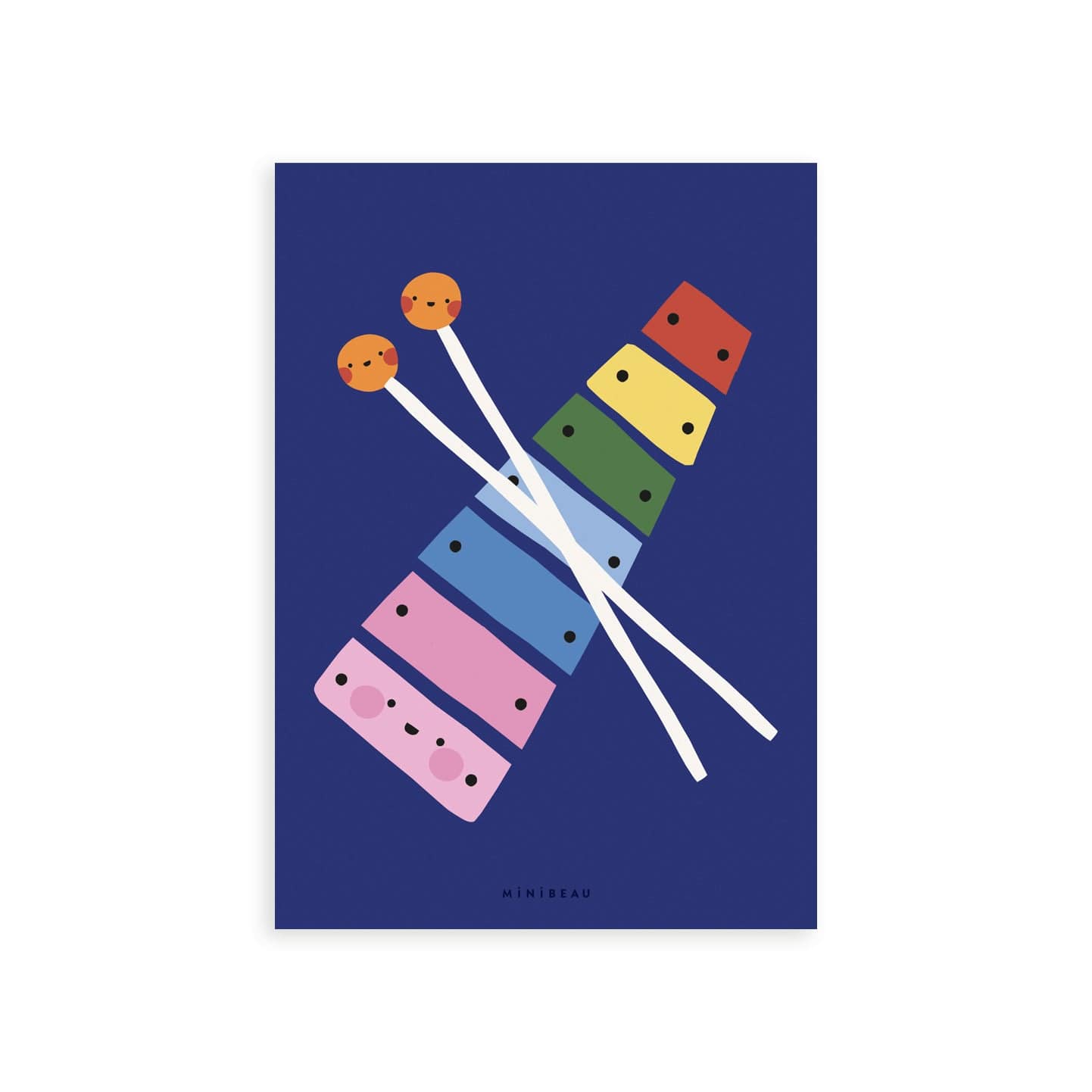 Our Happy Alphabet 'X' Art Print shows a smiling xylophone with bars in rainbow colours, crossed by smiling beaters, creating an X shape on a dark blue background.