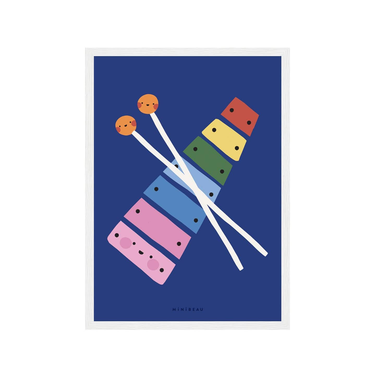 Art print in a white frame. Our Happy Alphabet 'X' Art Print shows a smiling xylophone with bars in rainbow colours, crossed by smiling beaters, creating an X shape on a dark blue background.