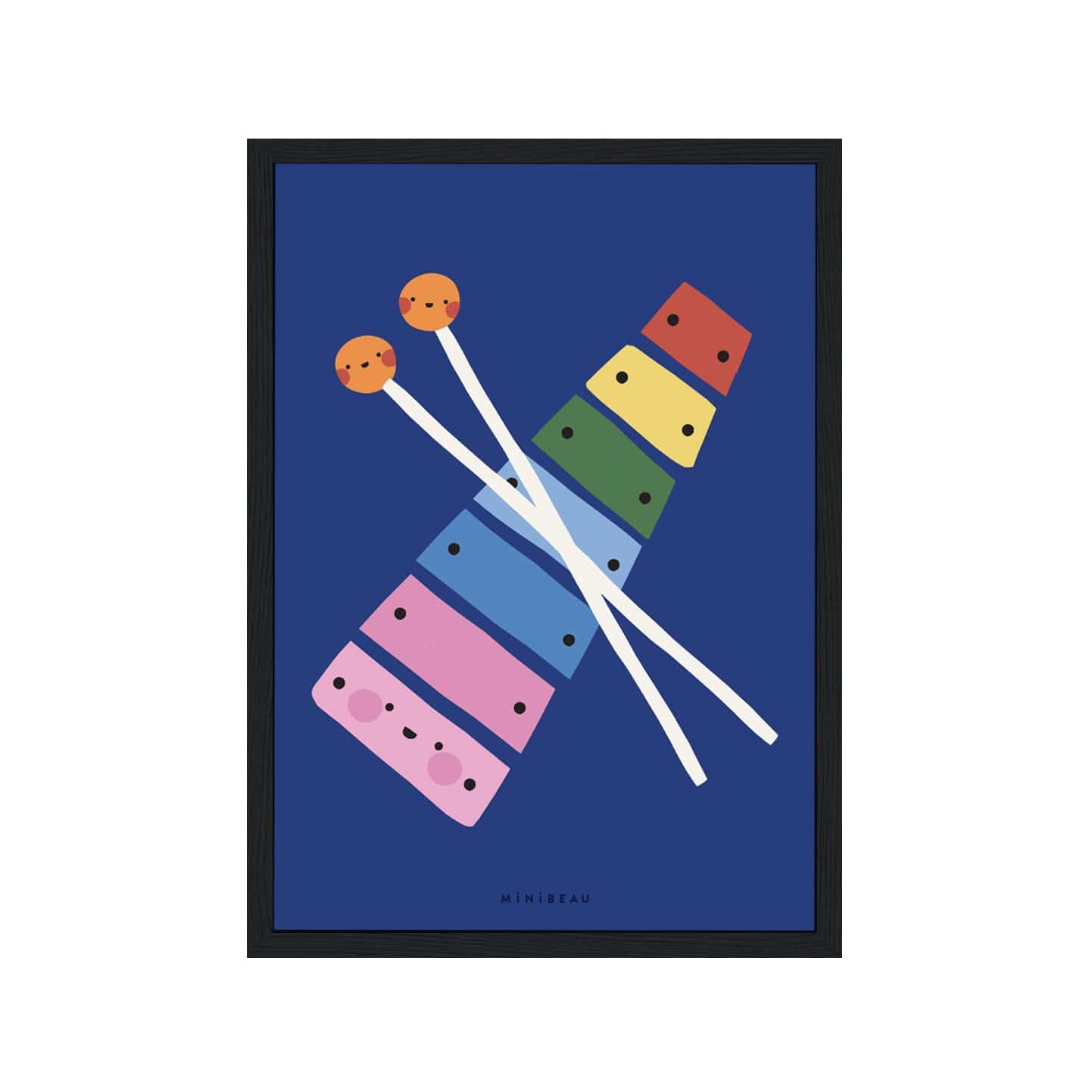 Art print in black frame. Our Happy Alphabet 'X' Art Print shows a smiling xylophone with bars in rainbow colours, crossed by smiling beaters, creating an X shape on a dark blue background.