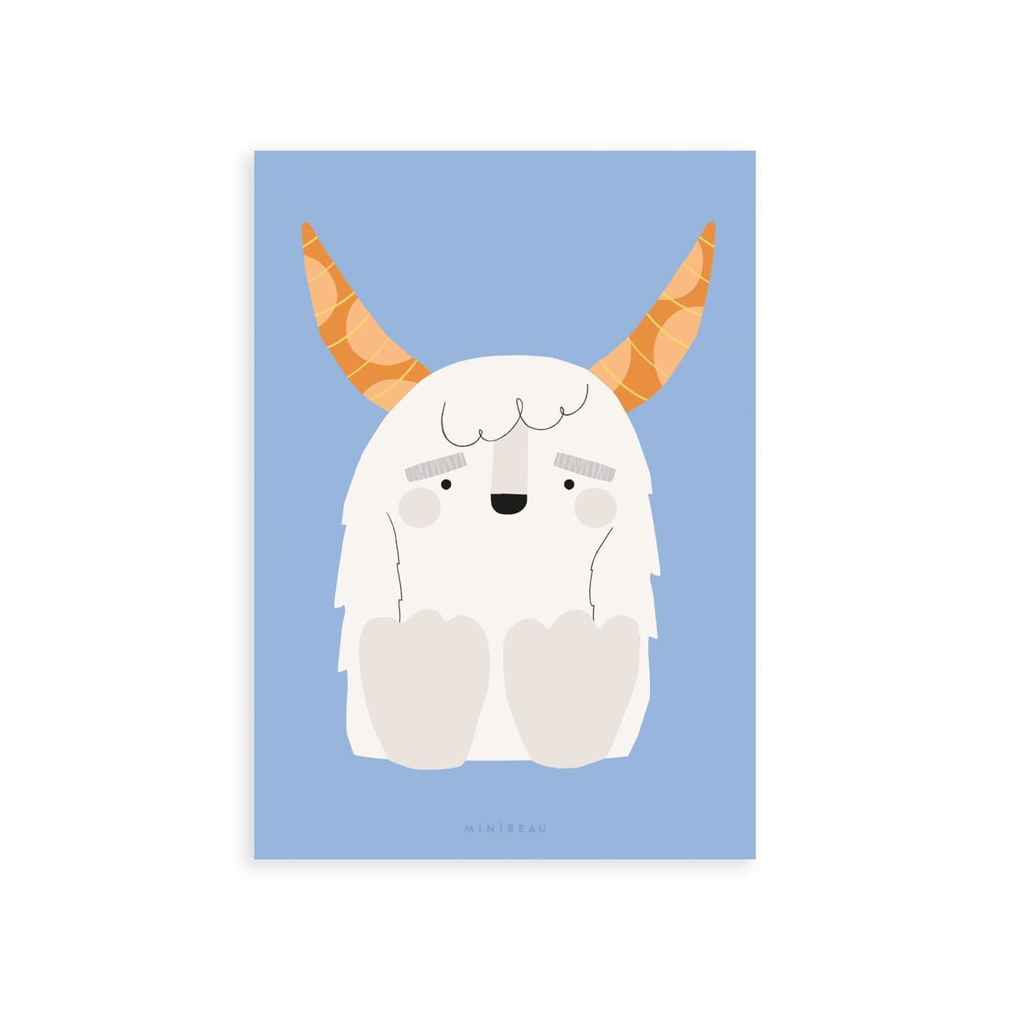Our Happy Alphabet 'Y' Art Print shows a smiling white Yeti, with big brown horns, sitting to create a Y shape, on a light blue background.