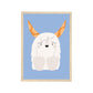 Art print in a light wood frame. Our Happy Alphabet 'Y' Art Print shows a smiling white Yeti, with big brown horns, sitting to create a Y shape, on a light blue background.