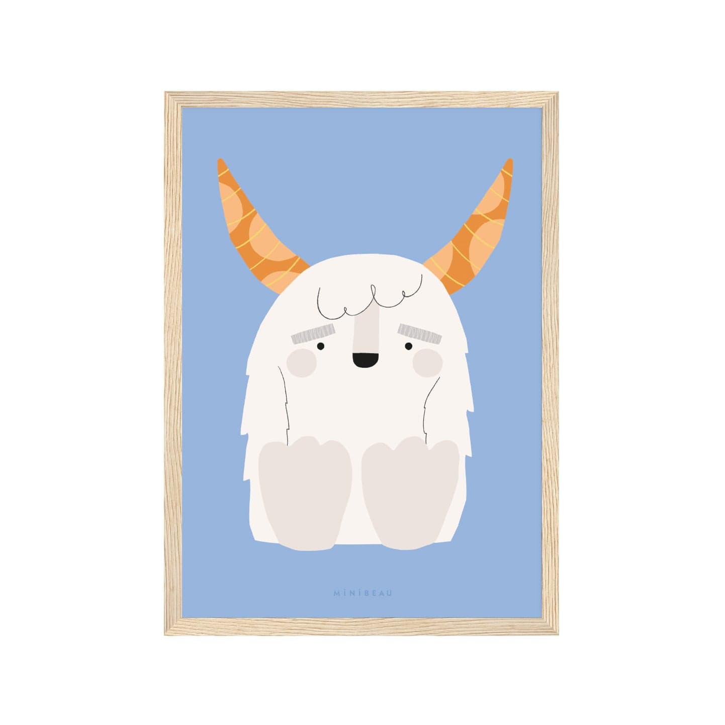 Art print in a light wood frame. Our Happy Alphabet 'Y' Art Print shows a smiling white Yeti, with big brown horns, sitting to create a Y shape, on a light blue background.