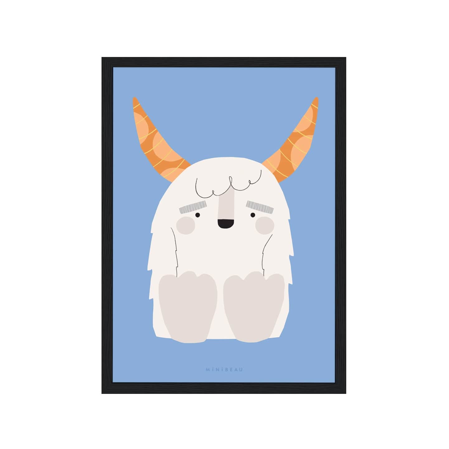 Art print in a black frame. Our Happy Alphabet 'Y' Art Print shows a smiling white Yeti, with big brown horns, sitting to create a Y shape, on a light blue background.