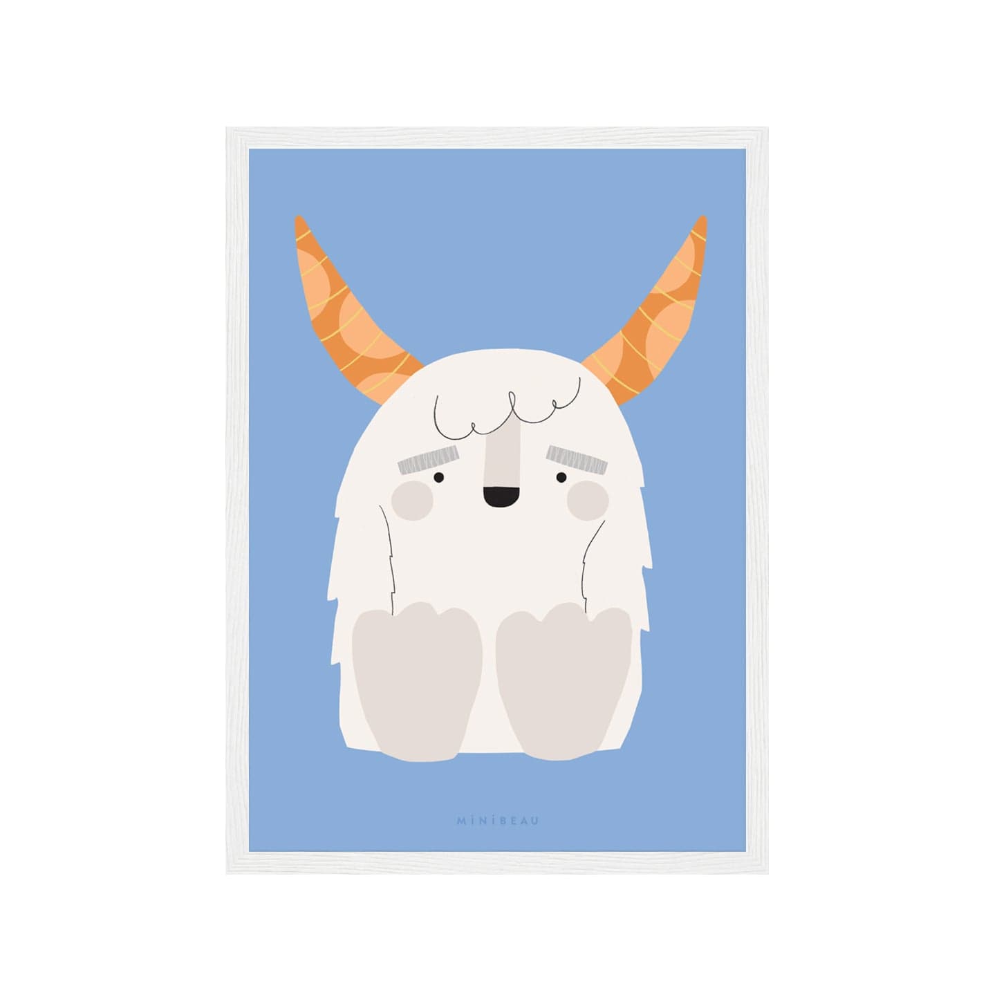 Art print in a white frame. Our Happy Alphabet 'Y' Art Print shows a smiling white Yeti, with big brown horns, sitting to create a Y shape, on a light blue background.