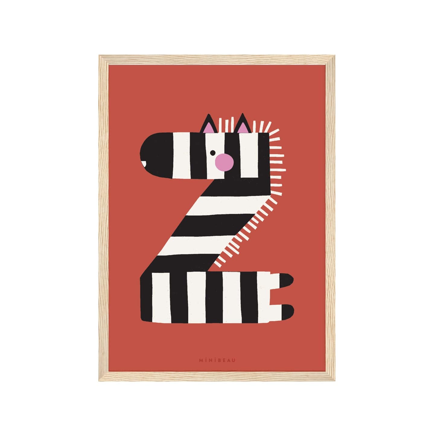 Art print in a light wood frame. Our Happy Alphabet 'Z' Art Print shows a smiling zebra with rosy cheeks, in the shape of a Z on a red background.