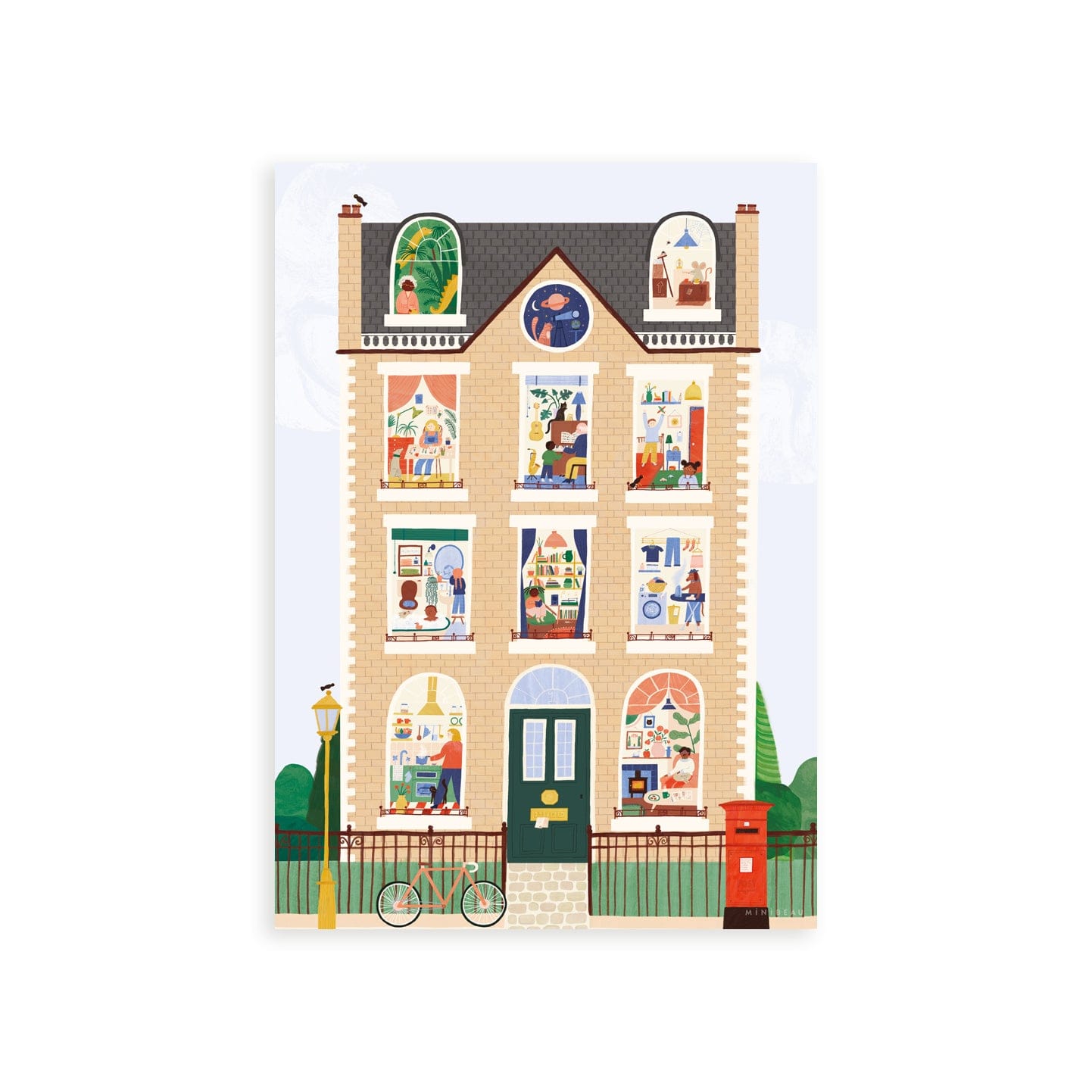 Our House Art Print shows a large brick town house with 11 windows each showing a different scene, from an ironing dog to a dinosaur in the attic to the artist herself hard at work. Features a bike against a railing, a post box, traditional lamppost and hidden birds.