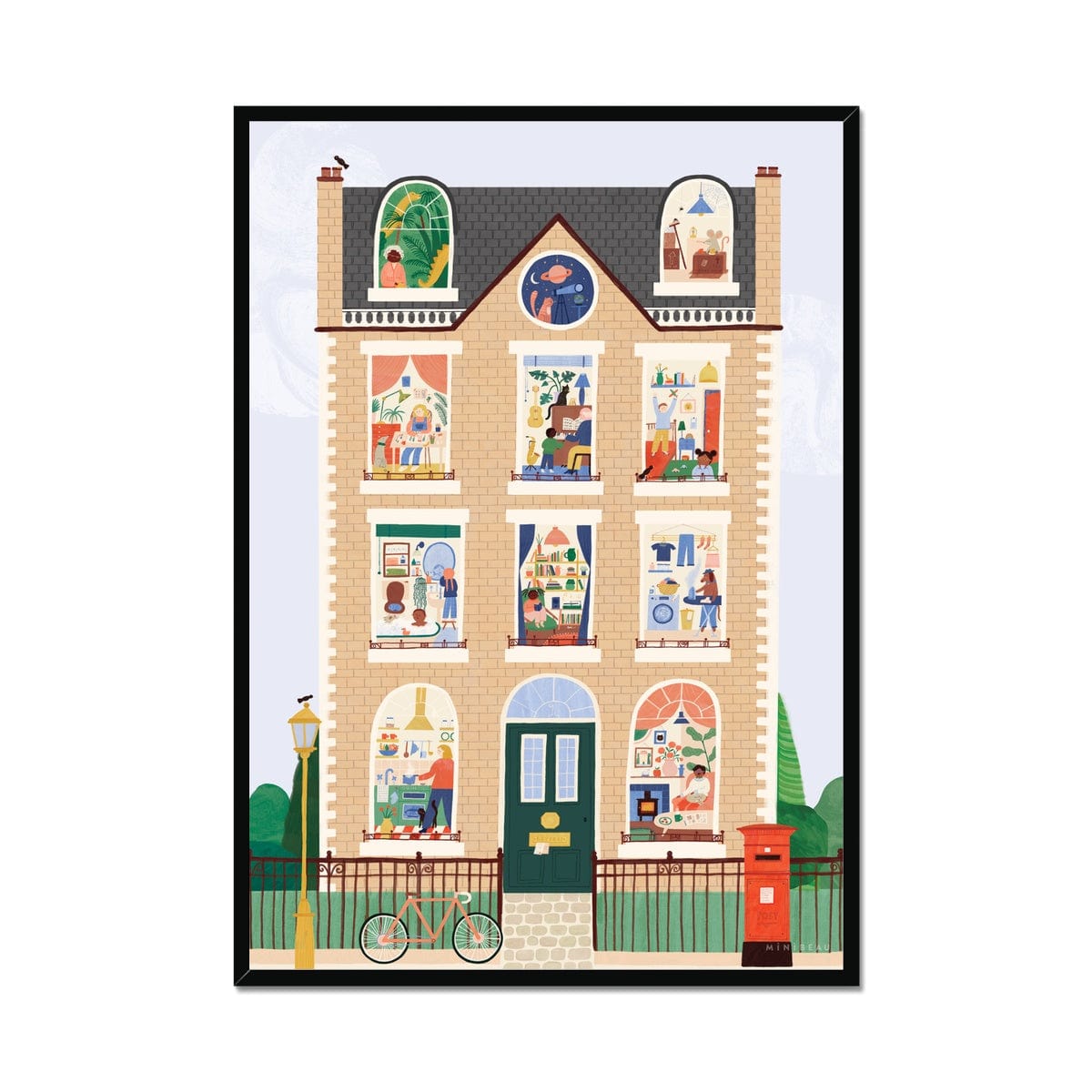 Art print in black frame. Our House Art Print shows a large brick town house with 11 windows each showing a different scene, from an ironing dog to a dinosaur in the attic to the artist herself hard at work. Features a bike against a railing, a post box, traditional lamppost and hidden birds.