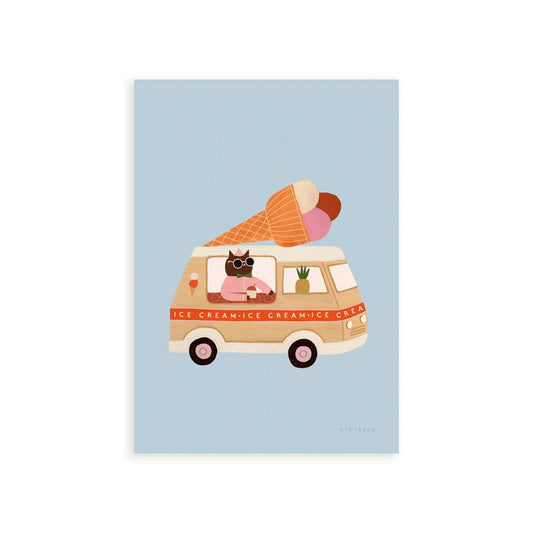 Our Ice Cream Van Art Print shows a beige ice cream van with a red stripe with the words ICE CREAM repeated along it and a large ice cream cone with 3 scoops of ice cream, chocolate vanilla and strawberry. Driven by a cool brown cat in pink and a pineapple in the front window, on a light blue background