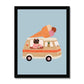 Art print in black frame. Our Ice Cream Van Art Print shows a beige ice cream van with a red stripe with the words ICE CREAM repeated along it and a large ice cream cone with 3 scoops of ice cream, chocolate vanilla and strawberry. Driven by a cool brown cat in pink and a pineapple in the front window, on a light blue background
