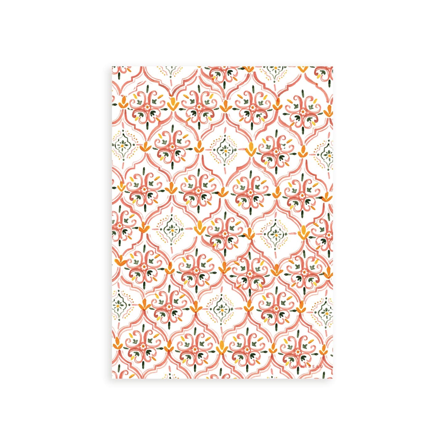 Our Kristina Art print is a repeating Kristina  'tile' pattern in coral pink, orange, and green floral print
