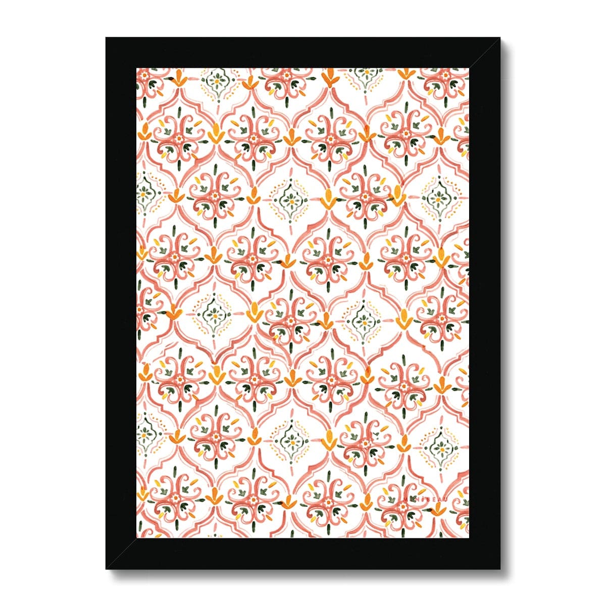 Art print in black frame. Our Kristina Art print is a repeating Kristina 'tile' pattern in coral pink, orange, and green floral print