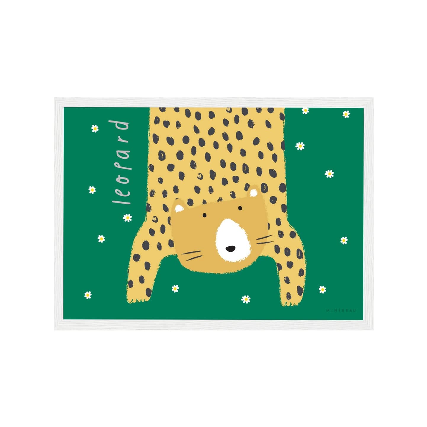 Our Leopard art print shows a hand-drawn leopard hanging down in to the picture, lifting it's head to look out at us on a green background with falling daisies, with the word leopard written alongside it, in a white wooden frame