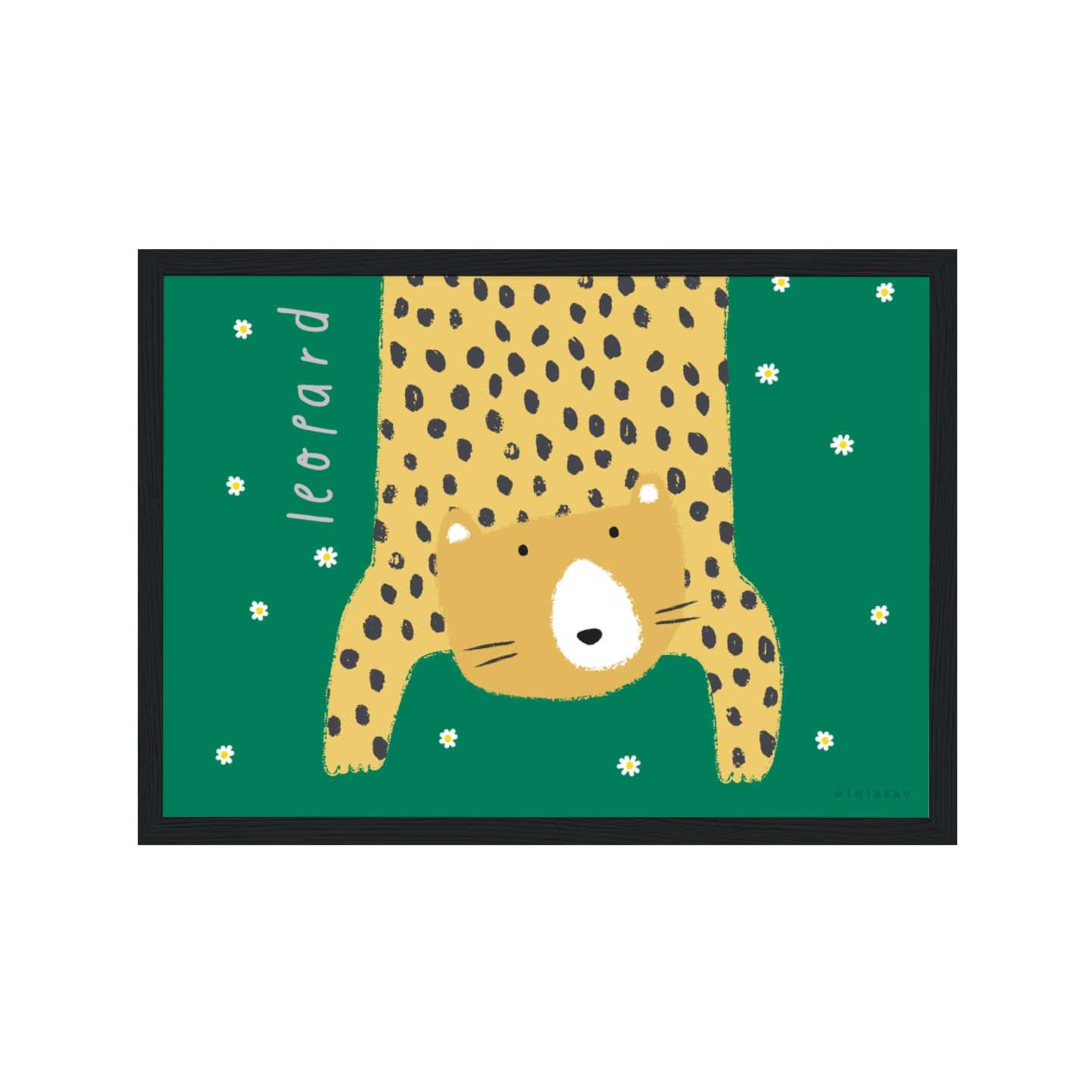 Our Leopard art print shows a hand-drawn leopard hanging down in to the picture, lifting it's head to look out at us on a green background with falling daisies, with the word leopard written alongside it, in a black wooden frame