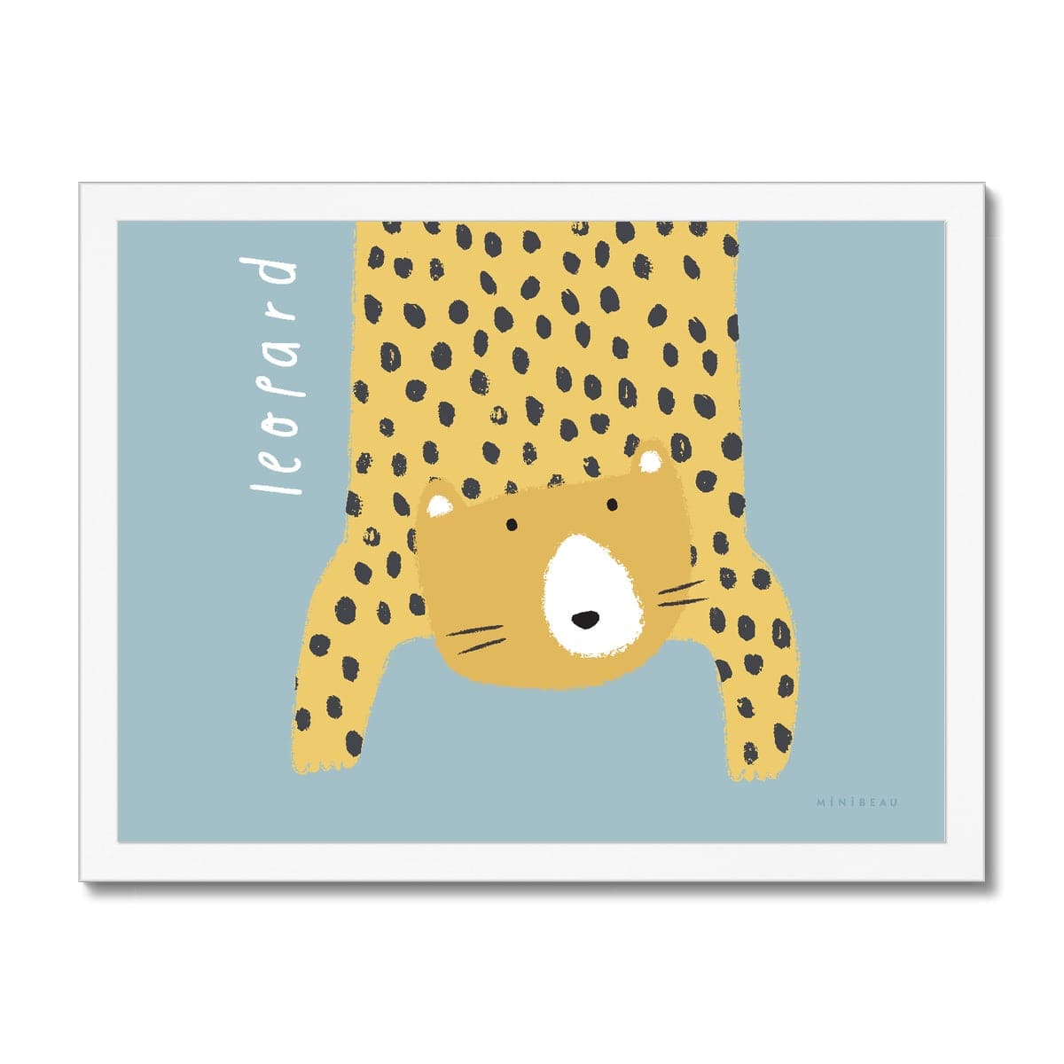 Our Leopard art print shows a hand-drawn leopard hanging down in to the picture, lifting it's head to look out at us on a light blue background, with the word leopard written alongside it, in a white wooden frame.