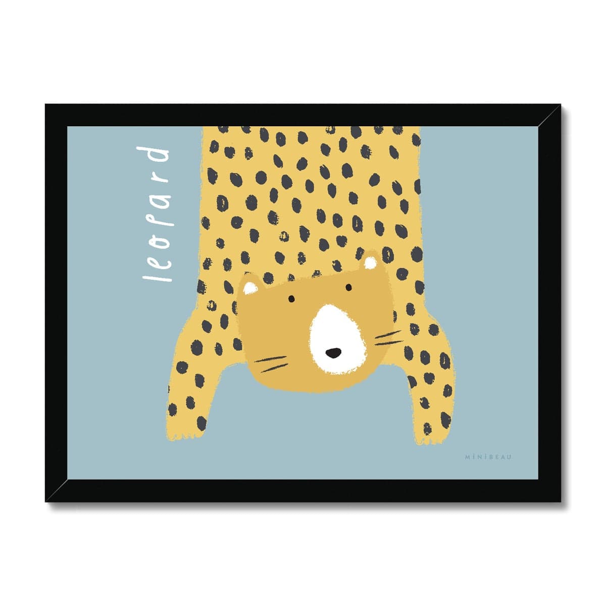 Our Leopard art print shows a hand-drawn leopard hanging down in to the picture, lifting it's head to look out at us on a light blue background, with the word leopard written alongside it, in a black wooden frame.