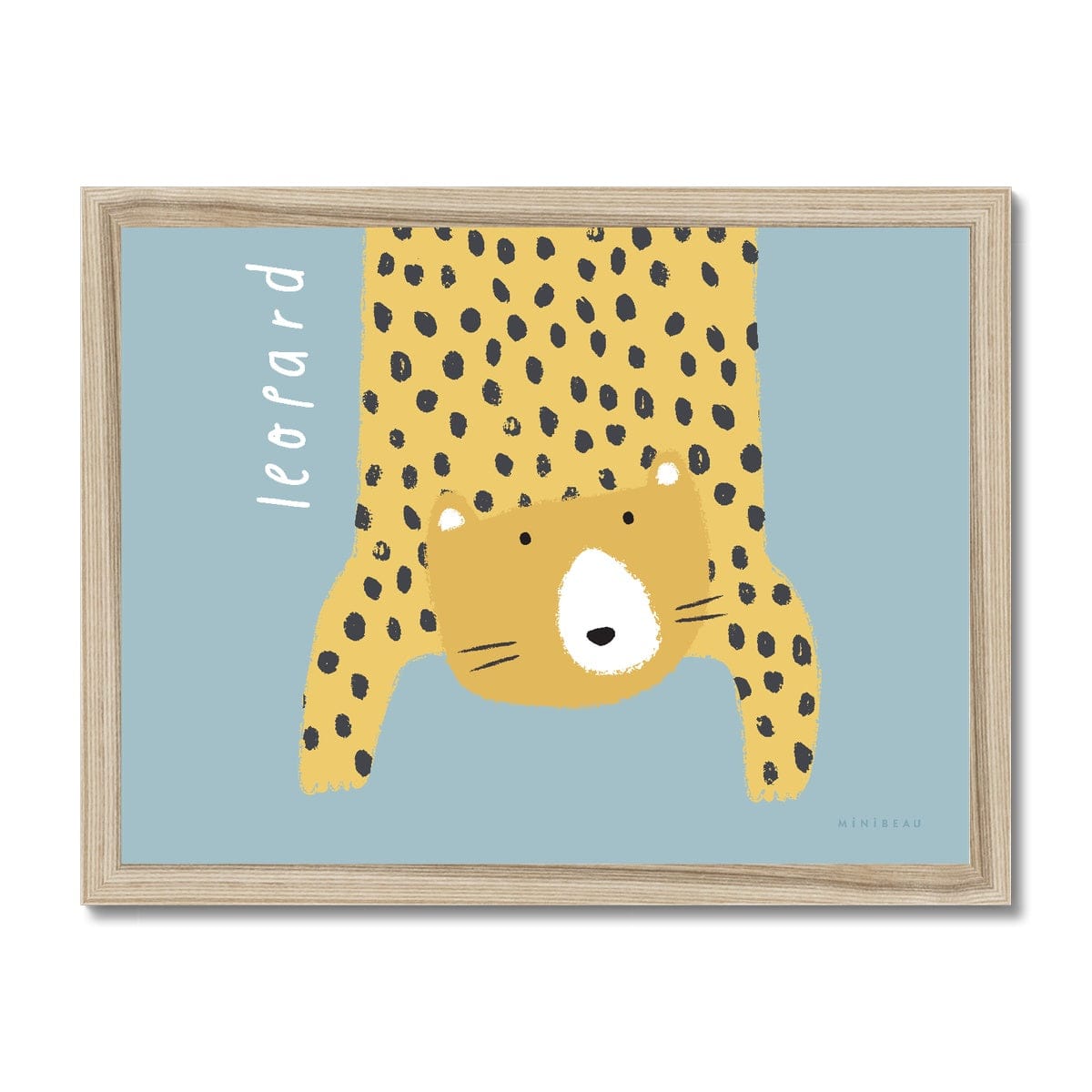 Our Leopard art print shows a hand-drawn leopard hanging down in to the picture, lifting it's head to look out at us on a light blue background, with the word leopard written alongside it, in a natural wooden frame.