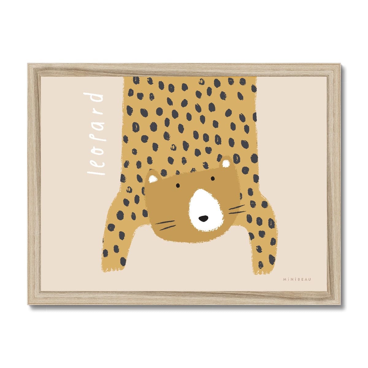Our Leopard art print shows a hand-drawn leopard hanging down in to the picture, lifting it's head to look out at us on a beige background, with the word leopard written alongside it, in a natural wooden frame.