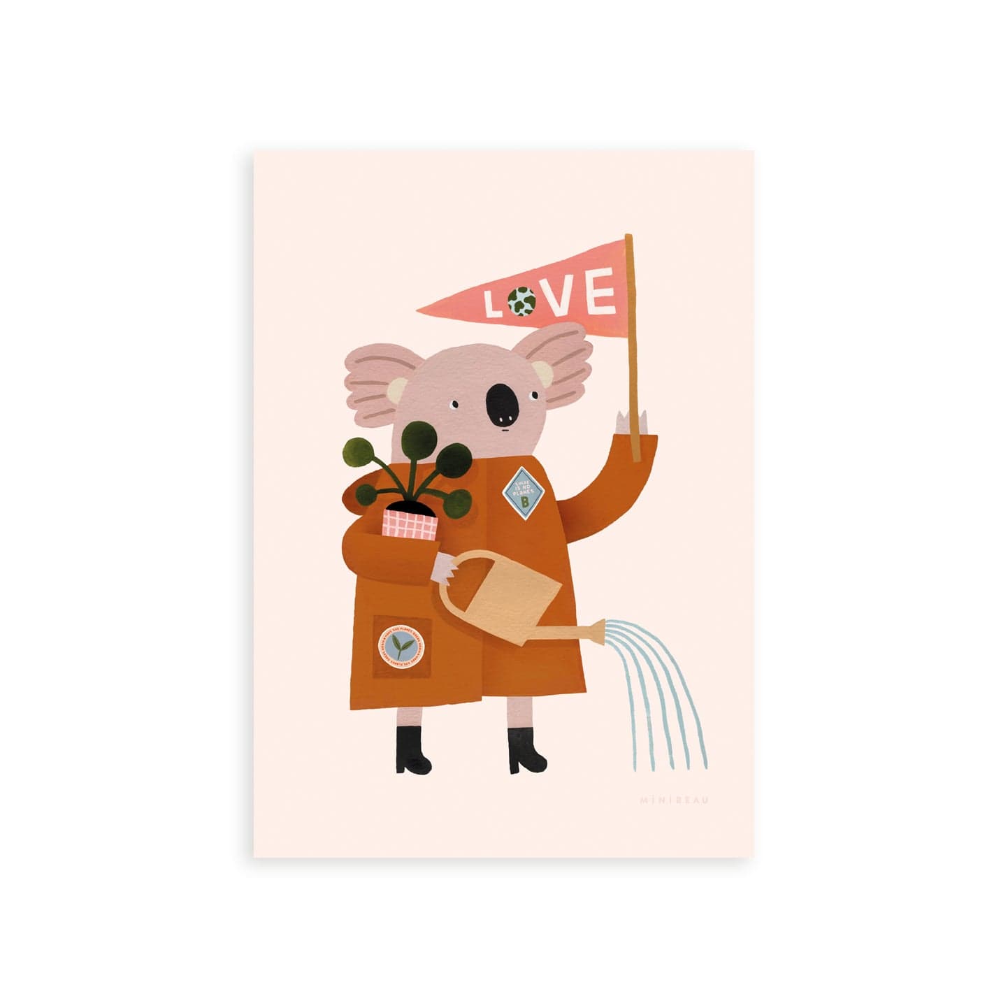 Our Love Our Planet Koala Art Print shows a koala standing tall in a long coat with patch badges on it. Holding a watering can, a plant and a pink triangle flag with the word LOVE on it, with the O being the planet Earth