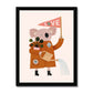 Art print in black frame. Our Love Our Planet Koala Art Print shows a koala standing tall in a long coat with patch badges on it. Holding a watering can, a plant and a pink triangle flag with the word LOVE on it, with the O being the planet Earth