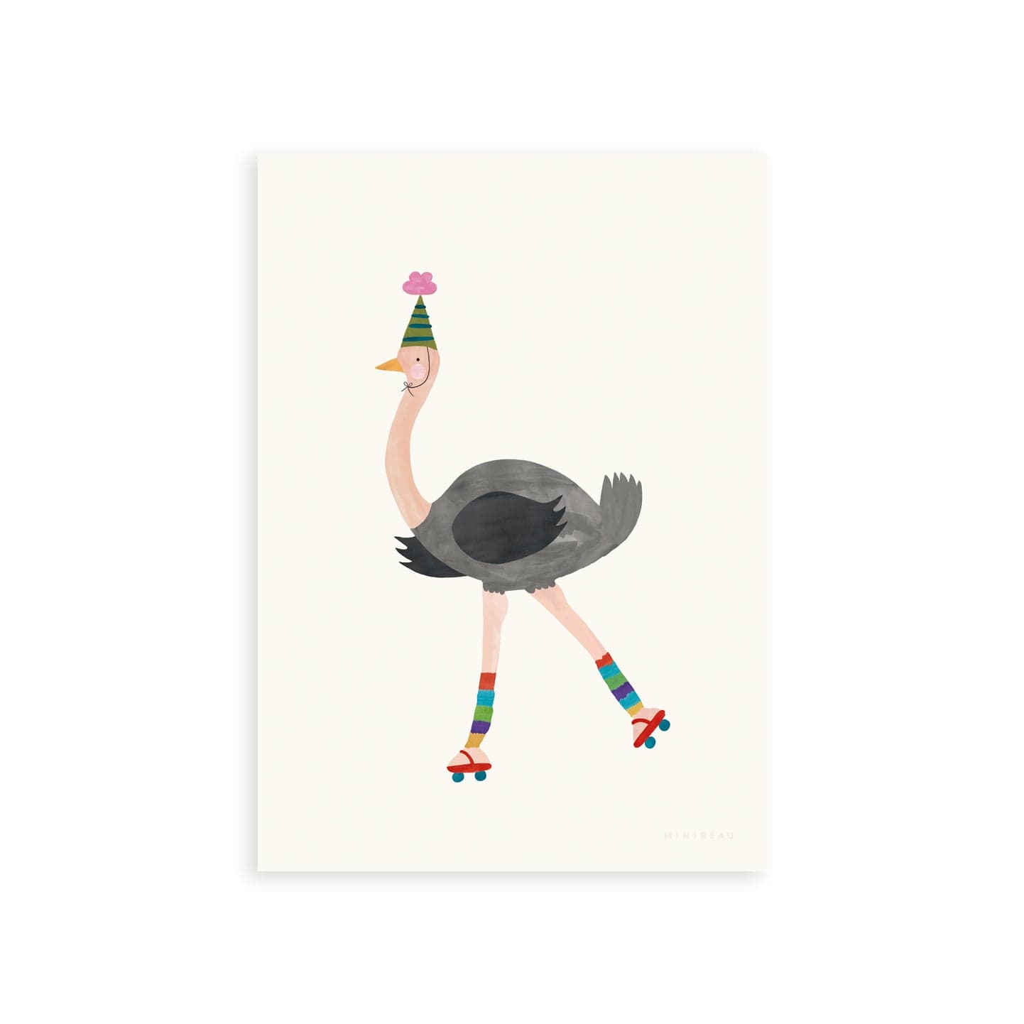 Our Ostrich art print features a skating ostrich in red skates with rainbow-coloured leg warmers. Wearing a party hat with a pink pom pom on the top of it as it skates, all on a neutral cream background.