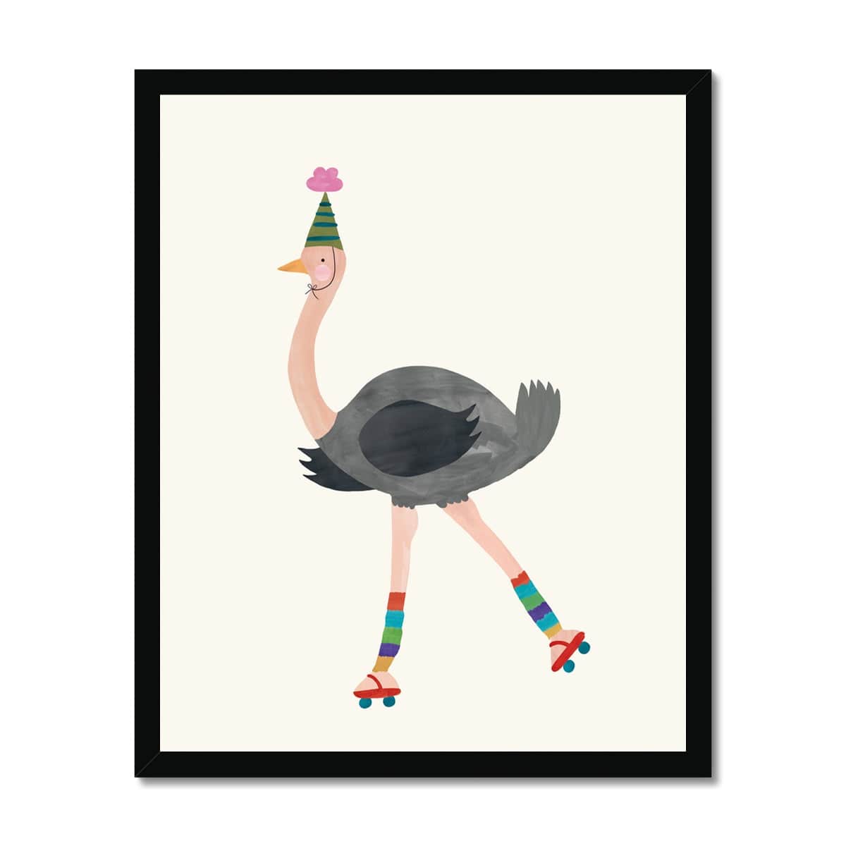 Art print in black frame. Our Ostrich art print features a skating ostrich in red skates with rainbow-coloured leg warmers. Wearing a party hat with a pink pom pom on the top of it as it skates, all on a neutral cream background.