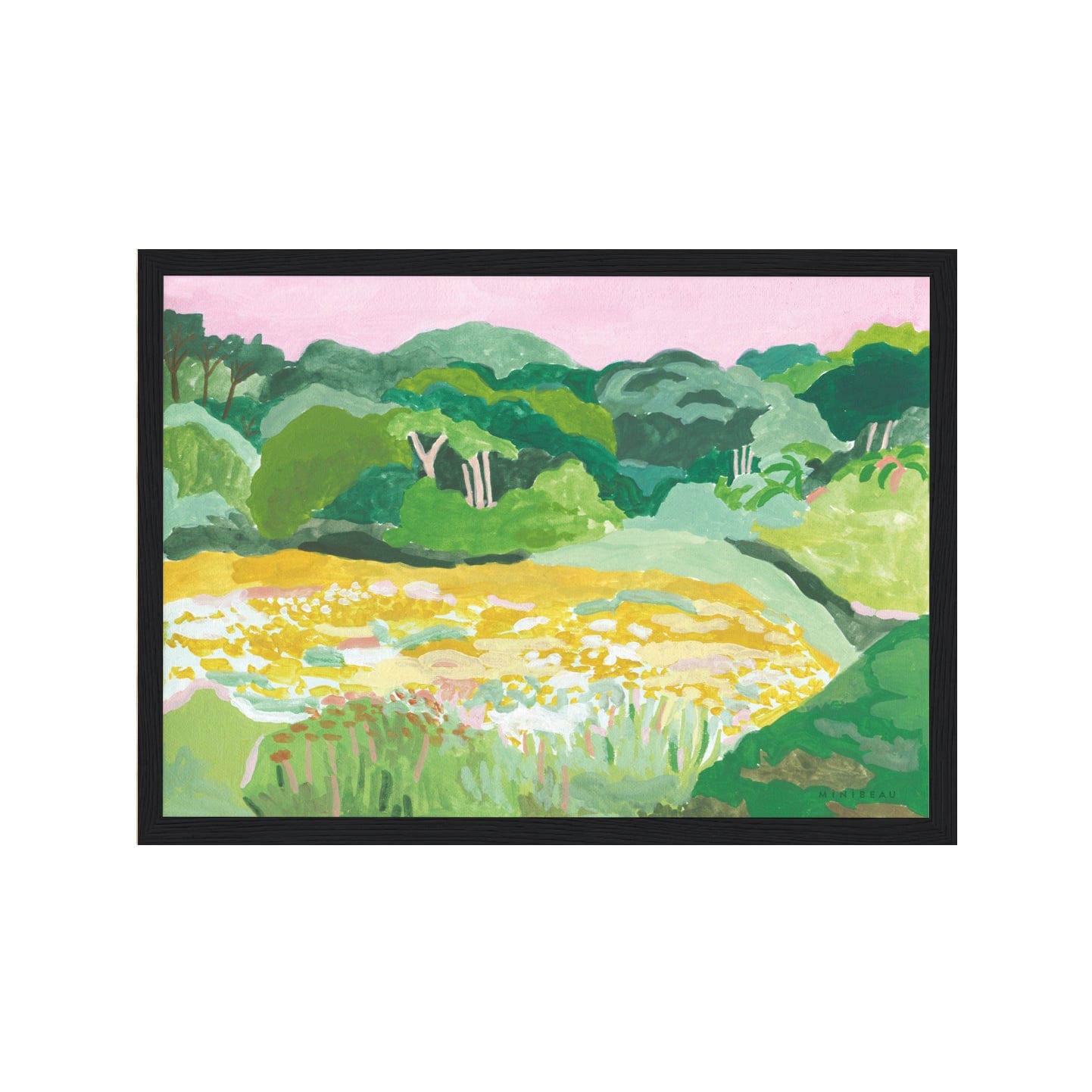Art print in a black frame. Hand painting landscape painting of a beautiful countryside meadow with flowers in bloom, full flowing trees and a pretty pink sunset in the background. 