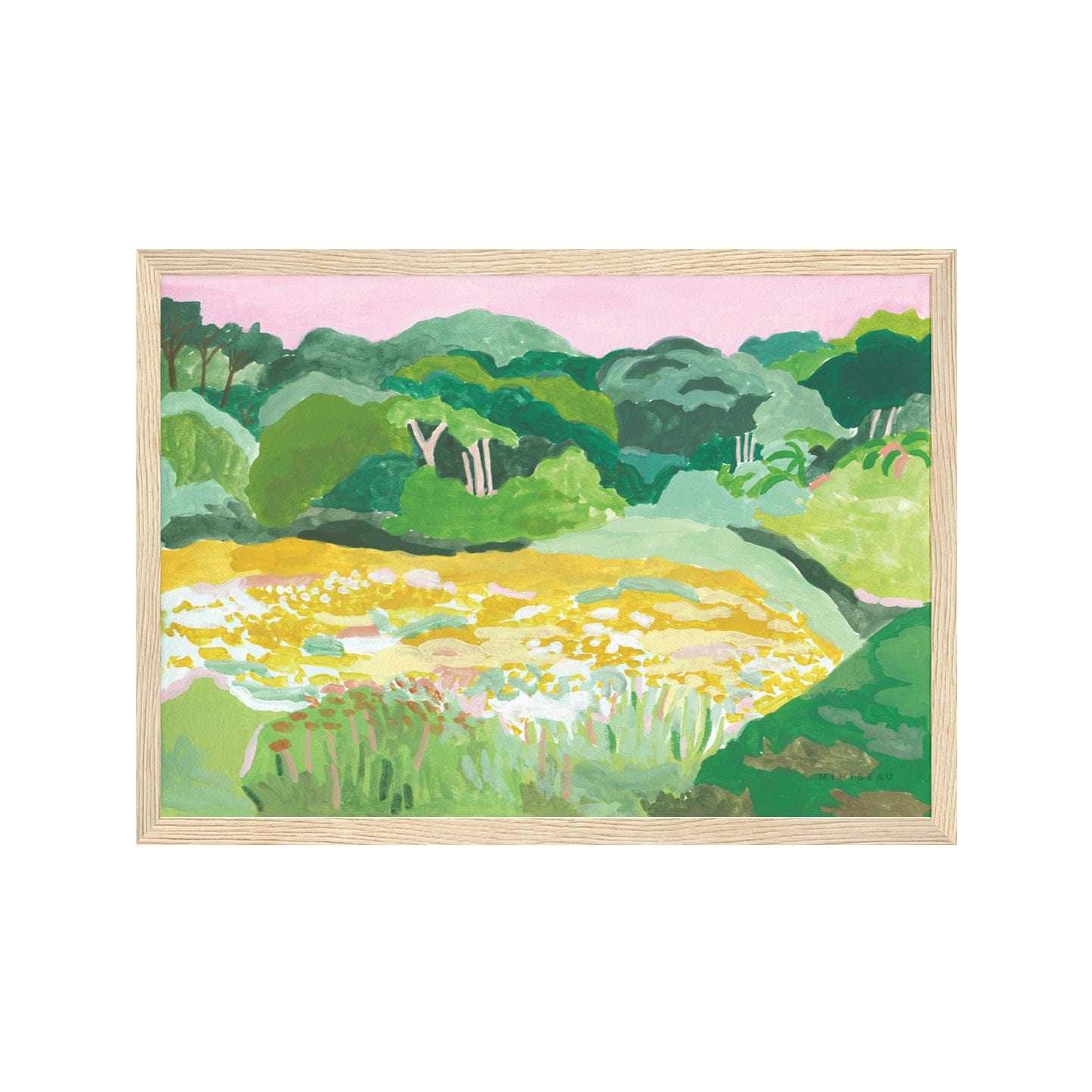 Art print in a light wood frame. Hand painting landscape painting of a beautiful countryside meadow with flowers in bloom, full flowing trees and a pretty pink sunset in the background. 