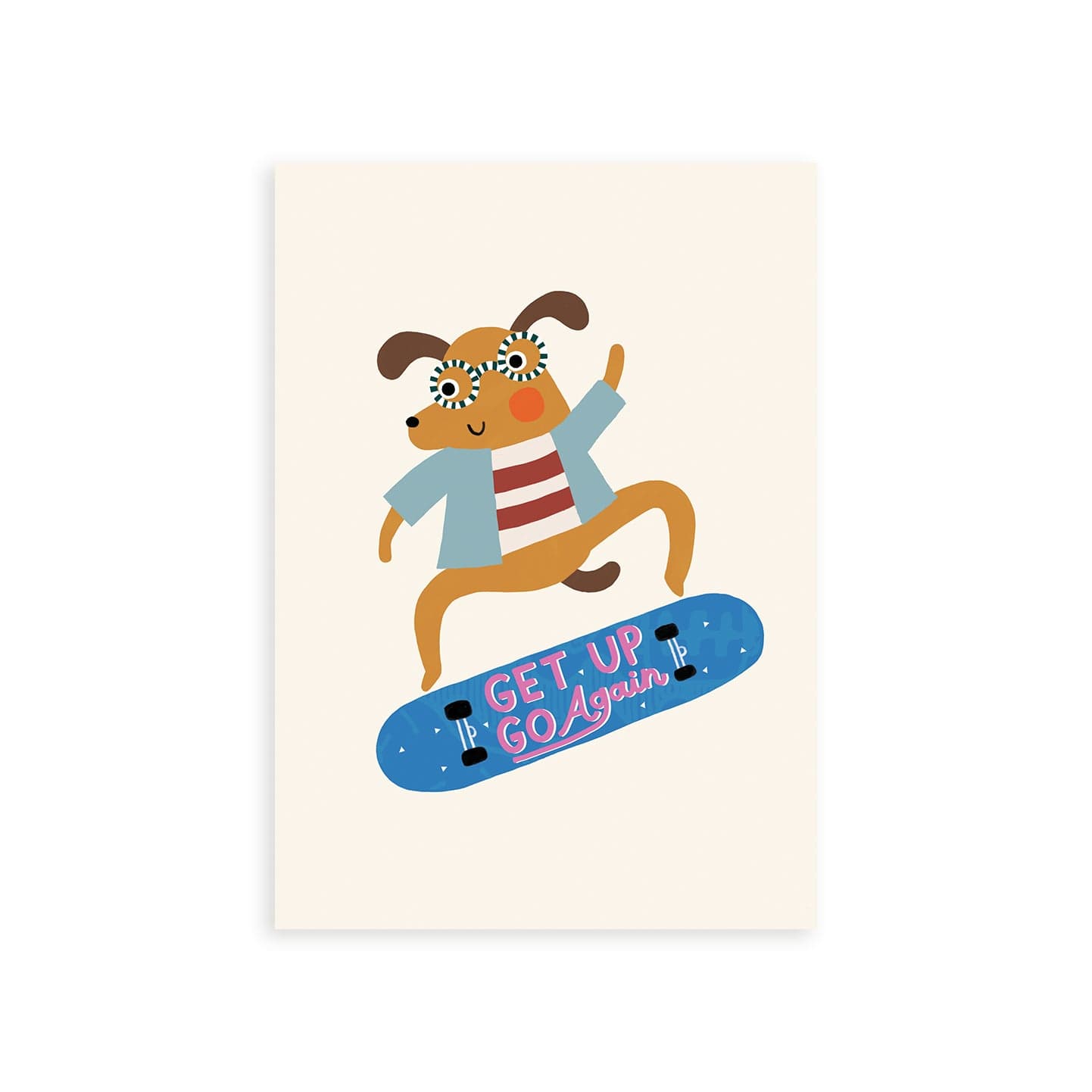 Our Rad Dog Art Print features a brown dog doing a flip on a skateboard. The dog is wearing a denim blue jacket and a bright pink and orange top while wearing black and white striped glasses on a cream background.