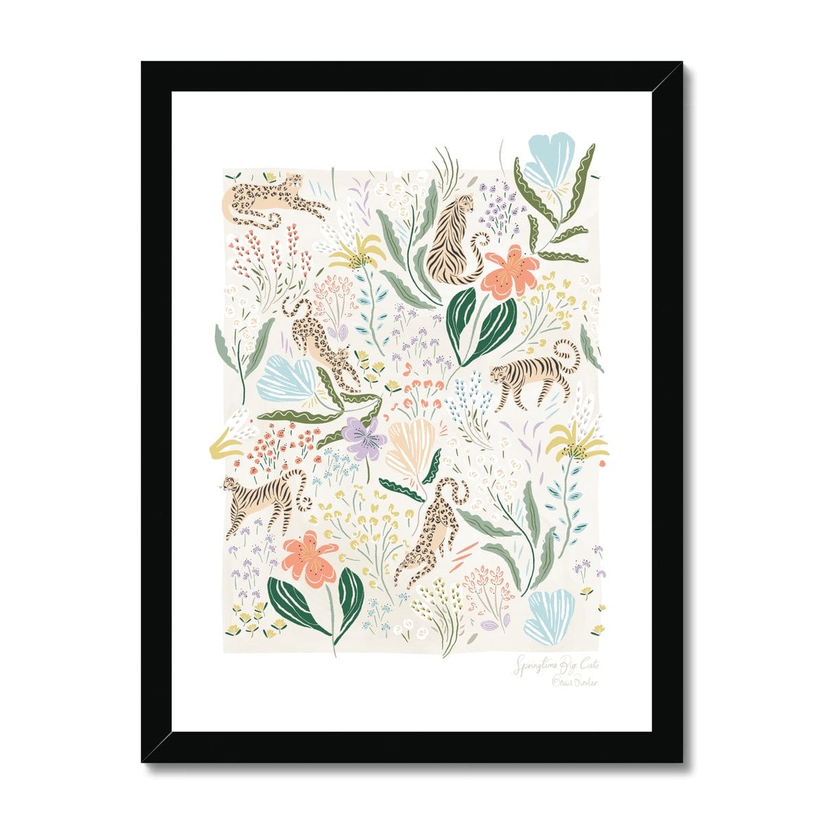 Art print in black frame. Our Springtime Big Cats art print features dainty florals in pinks, corals, and purples, with lush folliage with tigers and leopards in amongst the plants, with a white border.
