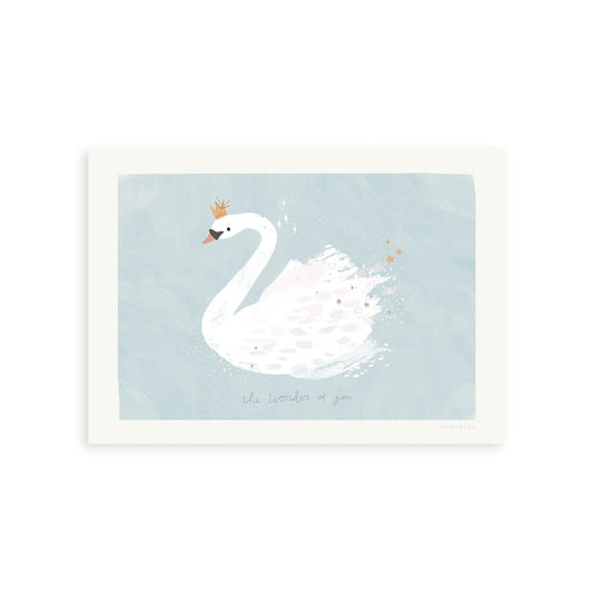 Our The Wonder of You art print features a swan on a textured light blue background (lake). The swan is wearinga gold sparkling crown and there are stars being left behind the swan as it swims in gold and white. The wonder of you is written in handwriting in a slightly darker blue underneath the swan. The art print has a white border.