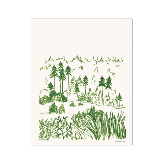 Our woods art print features a minimalist view over woodland. Line detail drawn on a cream background showing foliage in the foreground, with a wood with fir trees in the background.