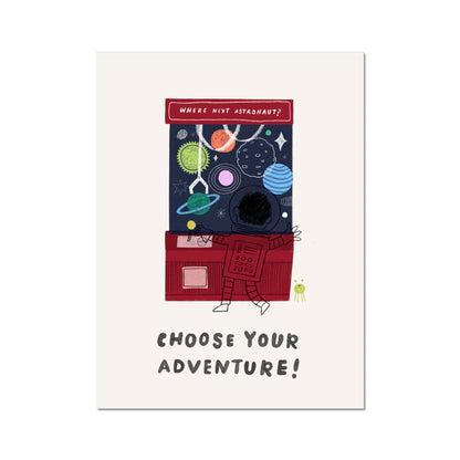 This Kid's art print depicts an astronaut gazing into the depths of space at the planets from their spaceship, complete with a control panel. Available in green and burgundy on a cream background, it's the perfect addition to any space lover's room.