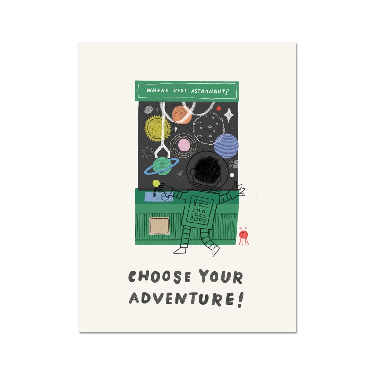 This Kid's art print depicts an astronaut gazing into the depths of space at the planets from their spaceship, complete with a control panel. Available in green and burgundy on a cream background, it's the perfect addition to any space lover's room.