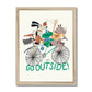 A photo of our let's go outside art print on a white background. Featuring a Rhino in a yellow striped top at the front, a frog in a blue striped top and matching baseball cap holding a net in the middle, and a dog in chequered shorts at the back with a red apple balanced on his nose all on a multi coloured bike above the words let's go outside. On a cream background, in a natural wood frame