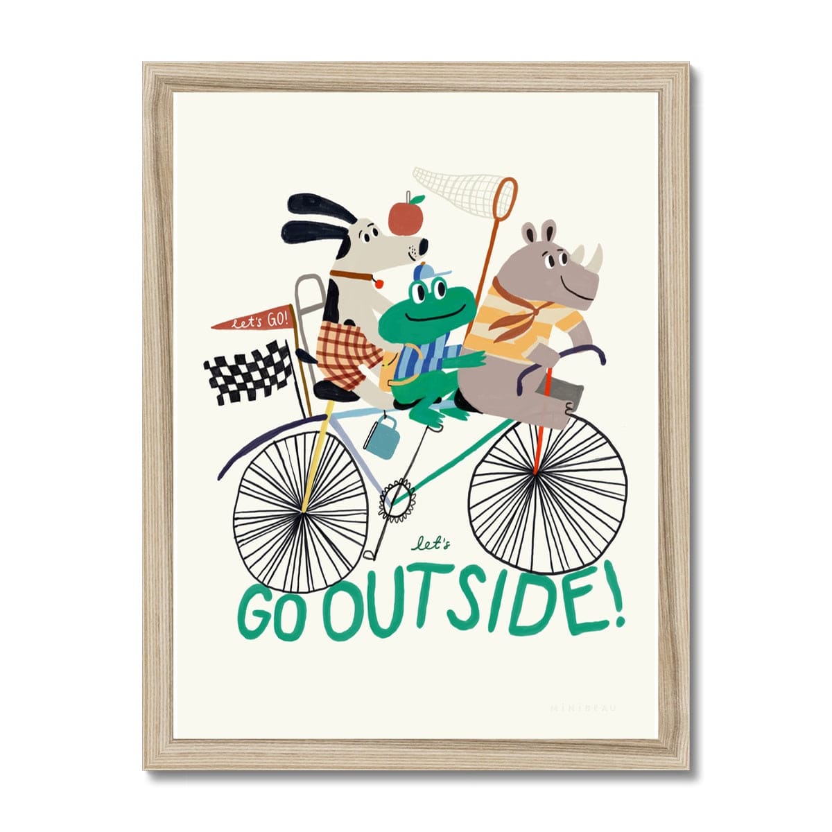 A photo of our let's go outside art print on a white background. Featuring a Rhino in a yellow striped top at the front, a frog in a blue striped top and matching baseball cap holding a net in the middle, and a dog in chequered shorts at the back with a red apple balanced on his nose all on a multi coloured bike above the words let's go outside. On a cream background, in a natural wood frame