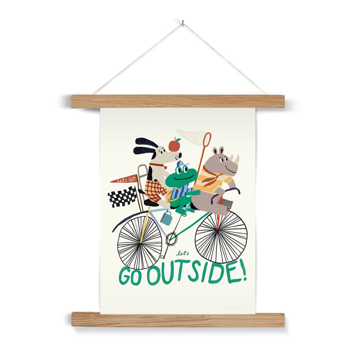 A photo of our let's go outside art print on a white background. Featuring a Rhino in a yellow striped top at the front, a frog in a blue striped top and matching baseball cap holding a net in the middle, and a dog in chequered shorts at the back with a red apple balanced on his nose all on a multi coloured bike above the words let's go outside. On a cream background. In a natural wooden hanger